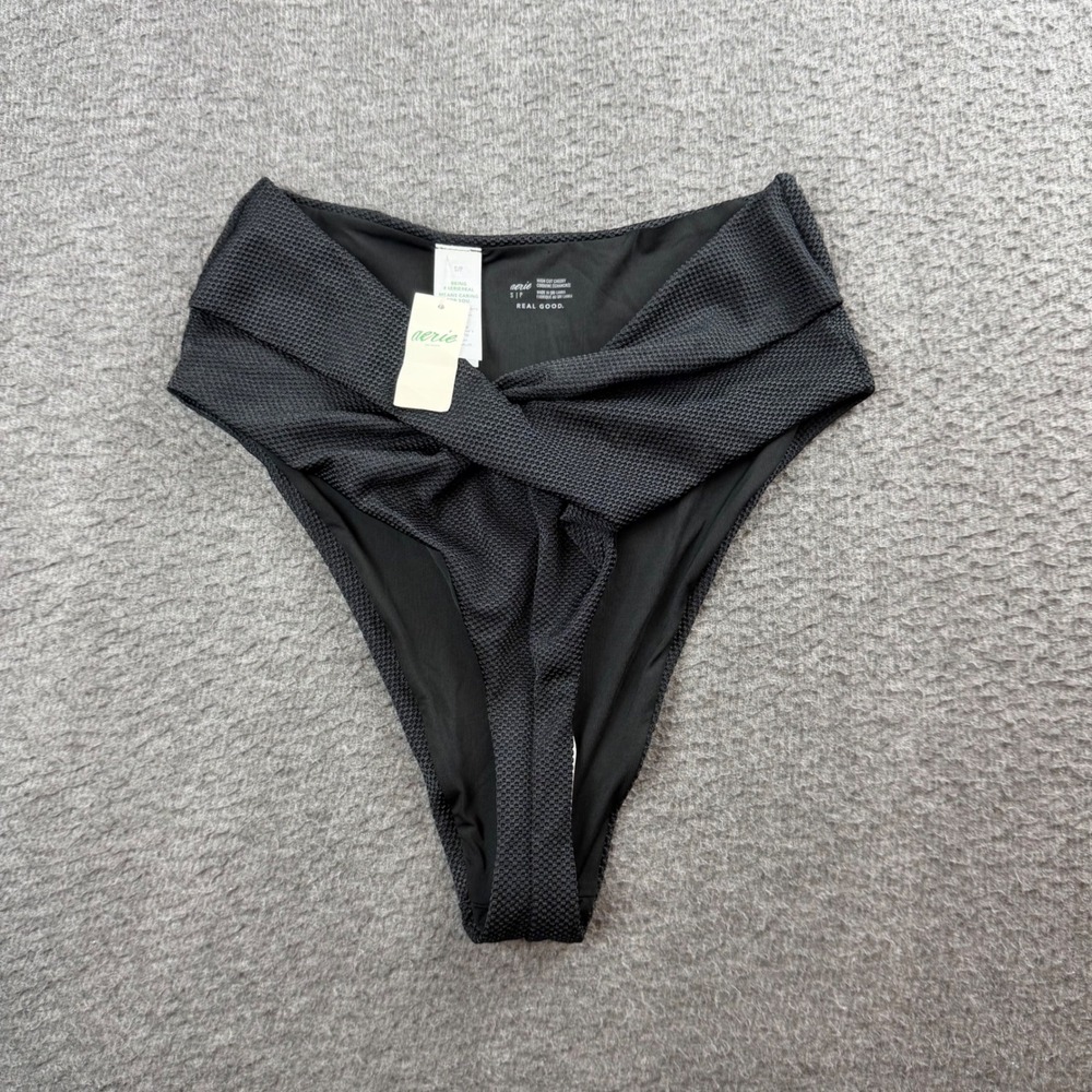 Aerie Bikini Bottoms Women's S Black High Cut Cheeky Crossover Textured NEW